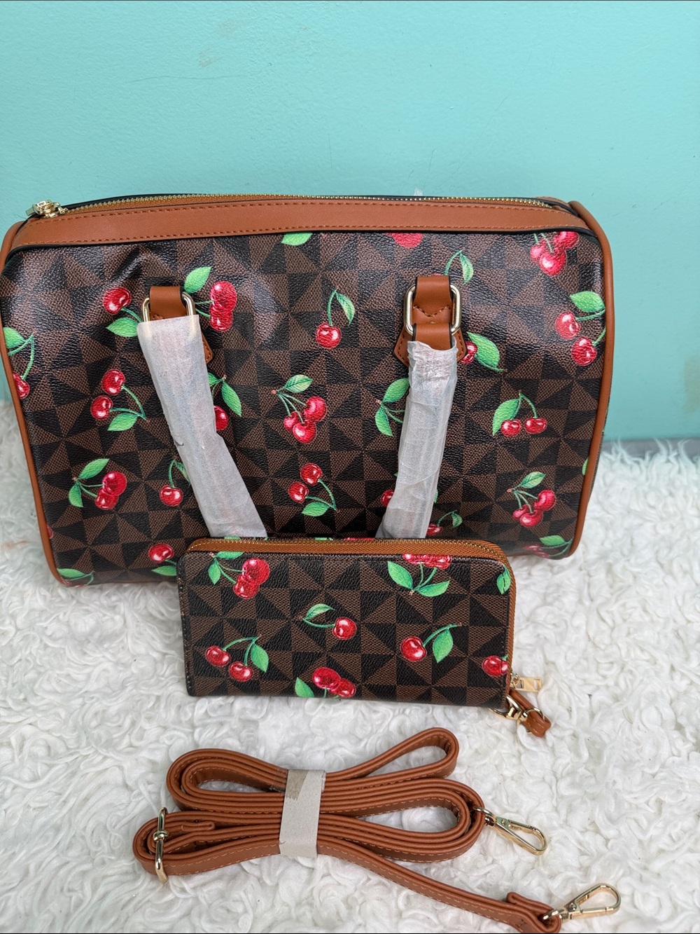 Cherry-Print Brown Tote Bag with Matching Wallet